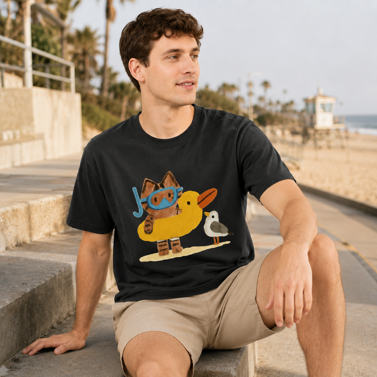 Summer Seaside-Themed Distressed Black Short-Sleeve T-Shirt – 100% Cotton, Oversized, Casual Tee Featuring a Cute Beach Kitten Cartoon
