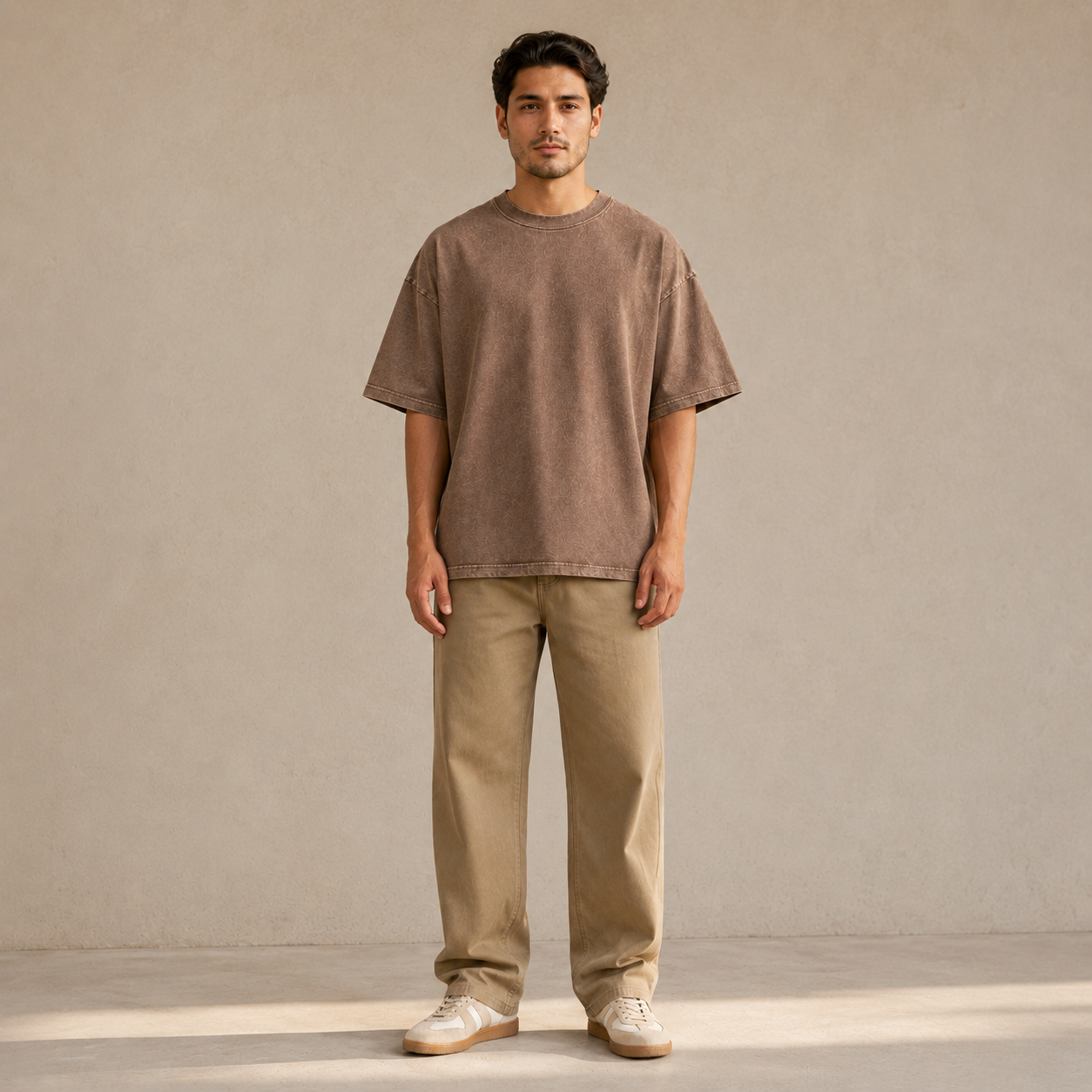 Washed Brown Loose-Fit Short-Sleeve Tee | Heavyweight Cotton T-Shirt with Retro Street Style