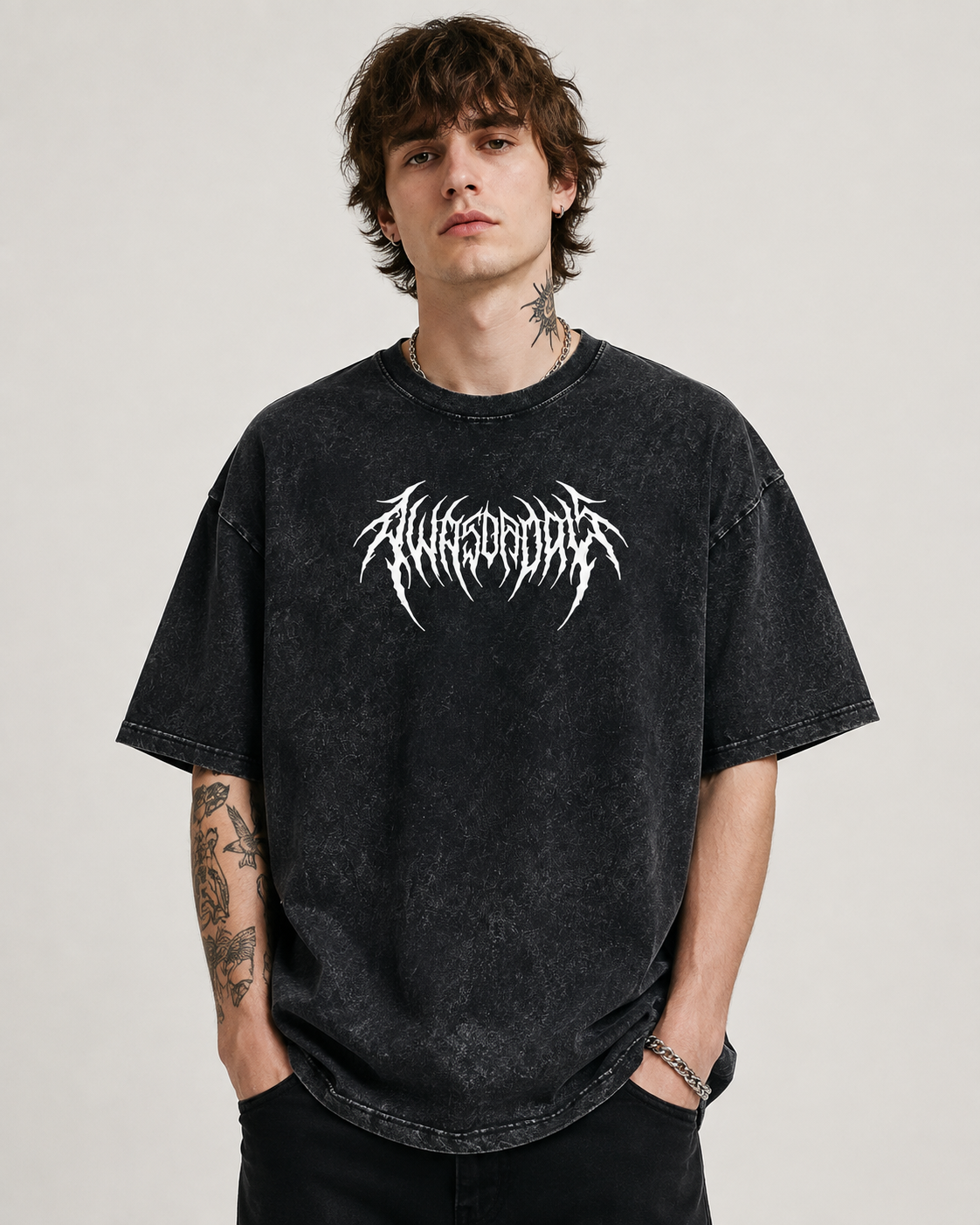 Vintage-wash black T-shirt featuring double-sided prints of a fallen archangel with a thorn halo; dark, heavy metal, and gothic style; loose-fitting short-sleeve unisex design.