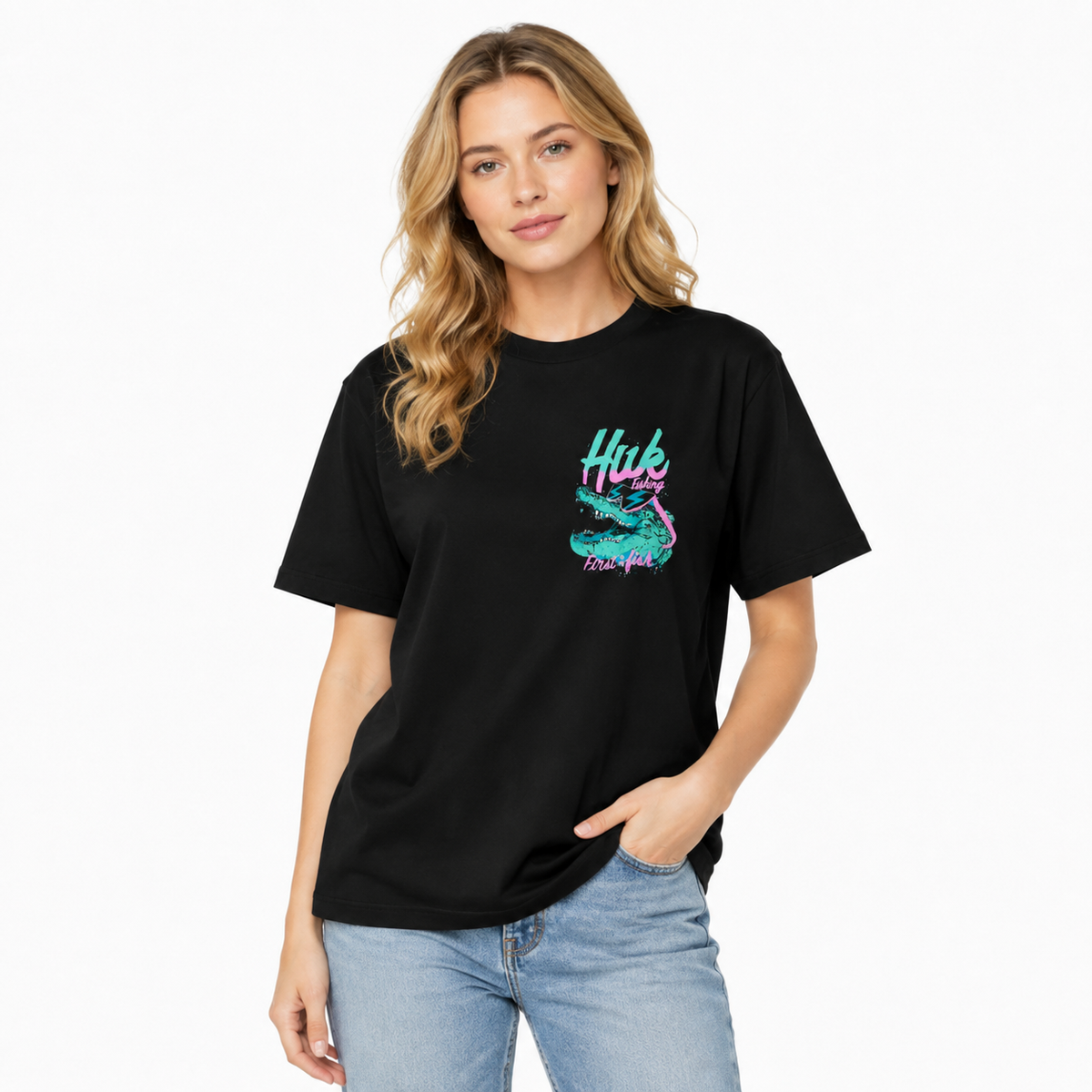Pure Cotton Fishing-Themed Short-Sleeve T-Shirt – Cool Crocodile Graphic Print (Front & Back) – Casual Outdoor Crew-Neck Top for Men and Women