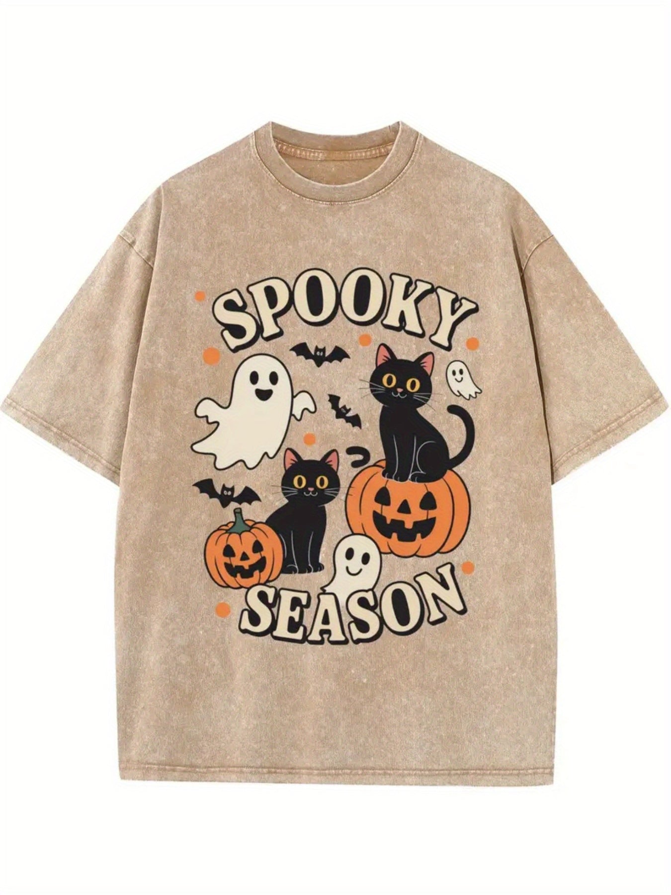 Men's 230g Heavyweight Vintage Washed T-Shirt - Beige with Spooky Season Print (Ghosts, Bats, Black Cats, Pumpkins) - Oversized Casual Round Neck Short Sleeve Tee for Spring Summer & Year-Round Wear, Machine Washable