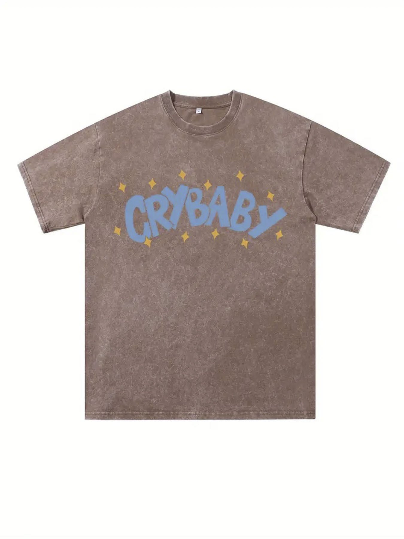 1pc CRYBABY Vintage Cotton T-Shirt 230GSM Washed - Black with Blue Crybaby Text & Yellow Stars Print, Casual Round Neck Tee, Machine Washable Adult Casual Wear, Perfect Gift