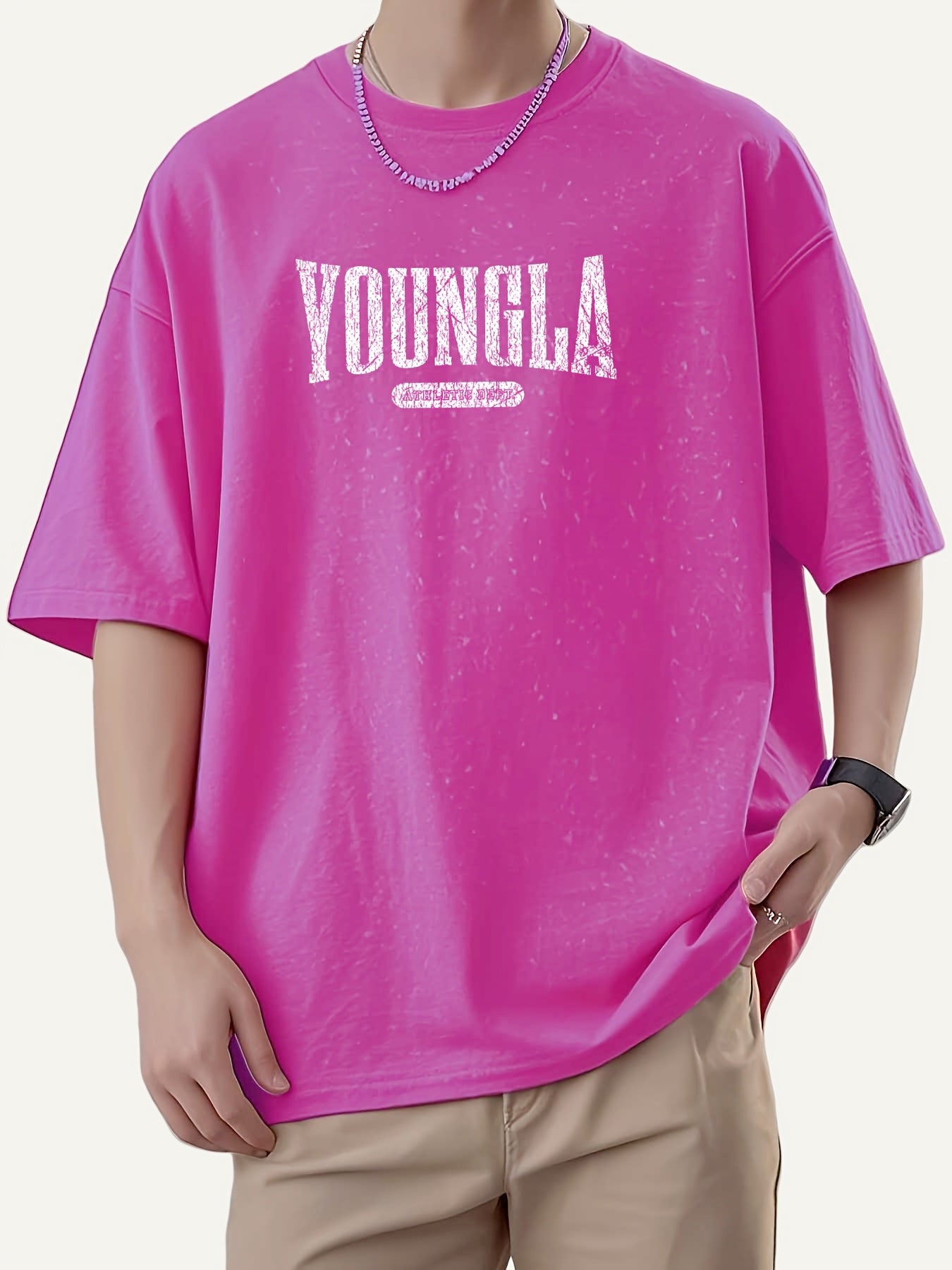 Oversized 100% Vintage Washed YOUNGLA Pattern Loose Street Style Print Top | Eye-catching Large Letter Design, Brown Distressed Effect, Crew Neck, Short Sleeve, Suitable for Men and Teenagers, All-season Wear, Durable Fabric, High-Quality Print