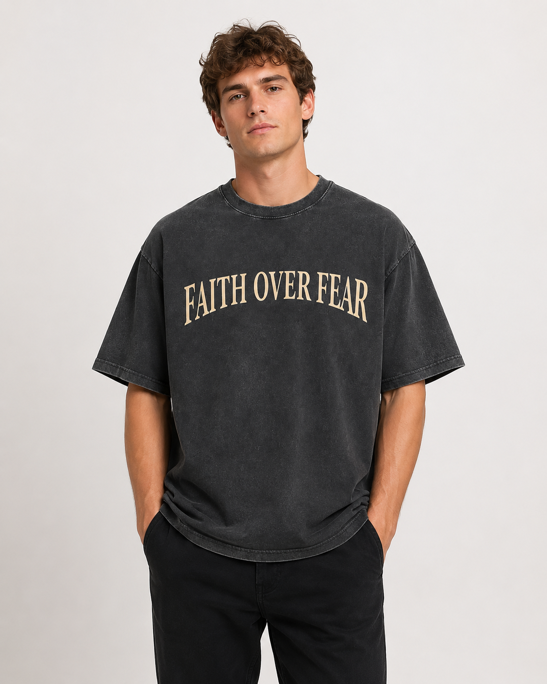 Vintage Stonewashed Faith Text Thorn Crown Cross Short-Sleeve Top, High Street Heavyweight Cotton Drop-Shoulder Religious Style Casual Short-Sleeve Top