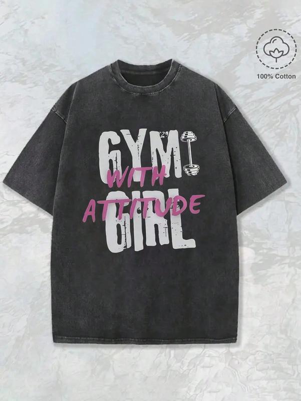 Couples Vintage Washed Print T Shirt Gym Girl With Attitude Graphic Design Round Neck Short Sleeve Oversized Relaxed Fit Hem Detail Cotton Tee