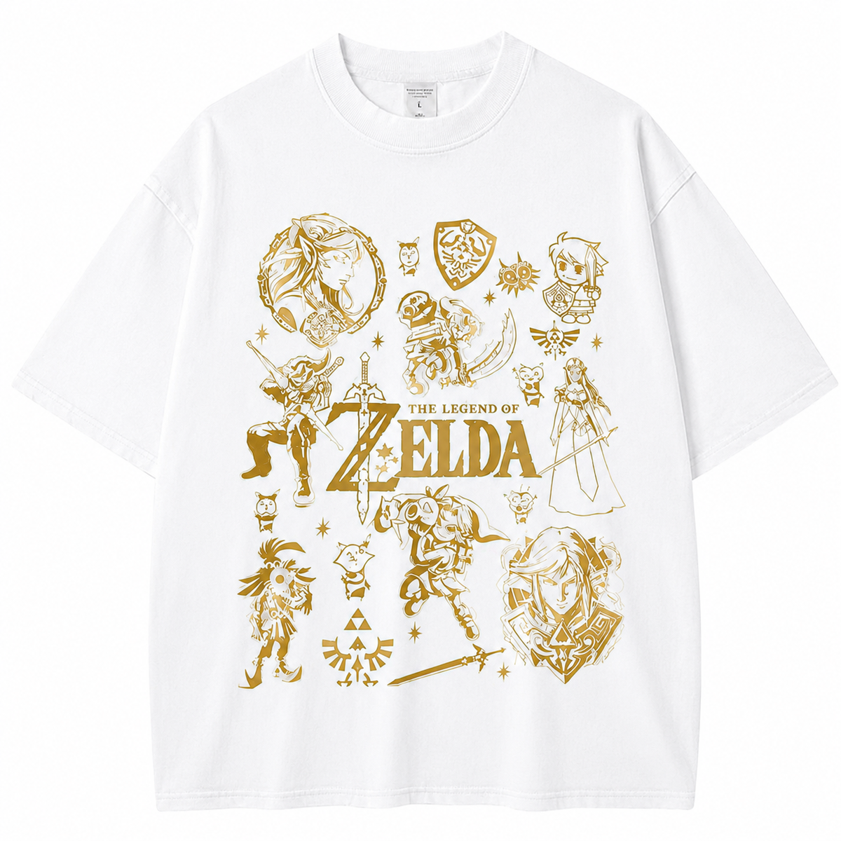American-style acid-washed distressed Zelda game character print short-sleeved T-shirt, heavyweight retro wash, oversized, loose fit, unisex.