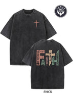 Men's heavy 230 gram pure cotton vintage washed T-shirt - double-sided 'faith' cross and Romans 10:9 scripture print, loose hip hop street style, everyday Christian pattern shirt, durable texture.