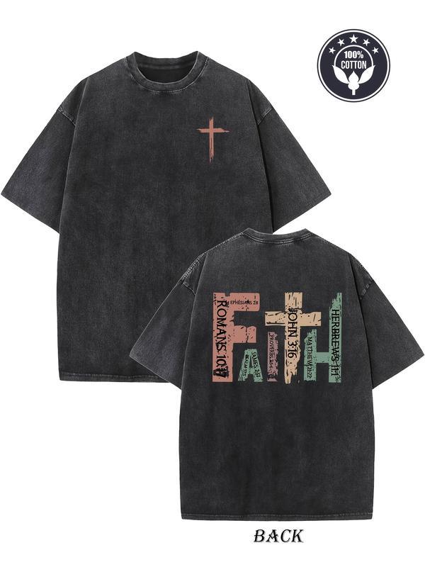 Men's heavy 230 gram pure cotton vintage washed T-shirt - double-sided 'faith' cross and Romans 10:9 scripture print, loose hip hop street style, everyday Christian pattern shirt, durable texture.