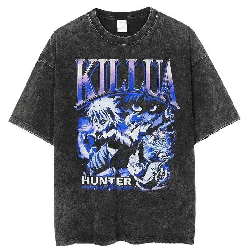 Mens T-Shirts Vintage Washed Tshirts for Men Hunter X Hunter Hxh Killua Anime Graphic T Shirt Women Harajuku Oversize Tee Cotton Streetwear 230812