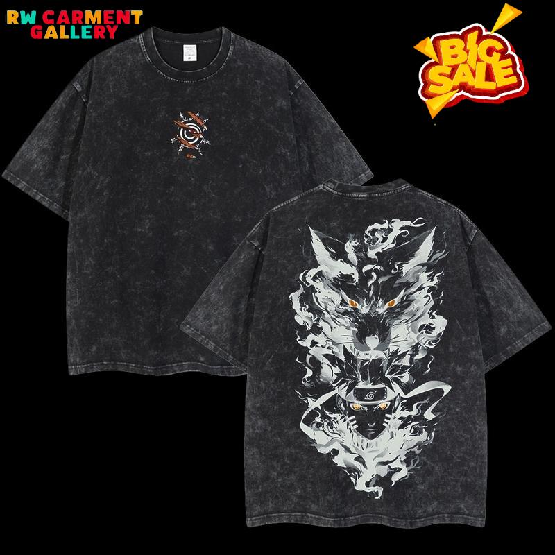 Retro Heavy Naruto x Kurama Naruto Shippuden Anime Double Printed Vintage Oversized Washed Tee TikTokShopBlackFriday