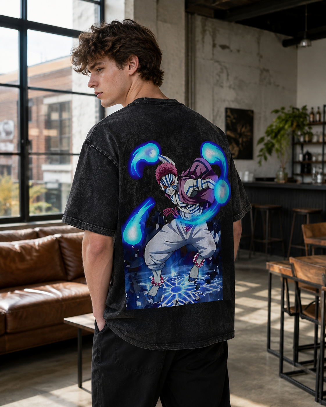 Vintage-Wash Short-Sleeve T-Shirt | *Demon Slayer* Akaza "Blue Flame" Double-Sided Combat Print – Unisex Oversized Fit