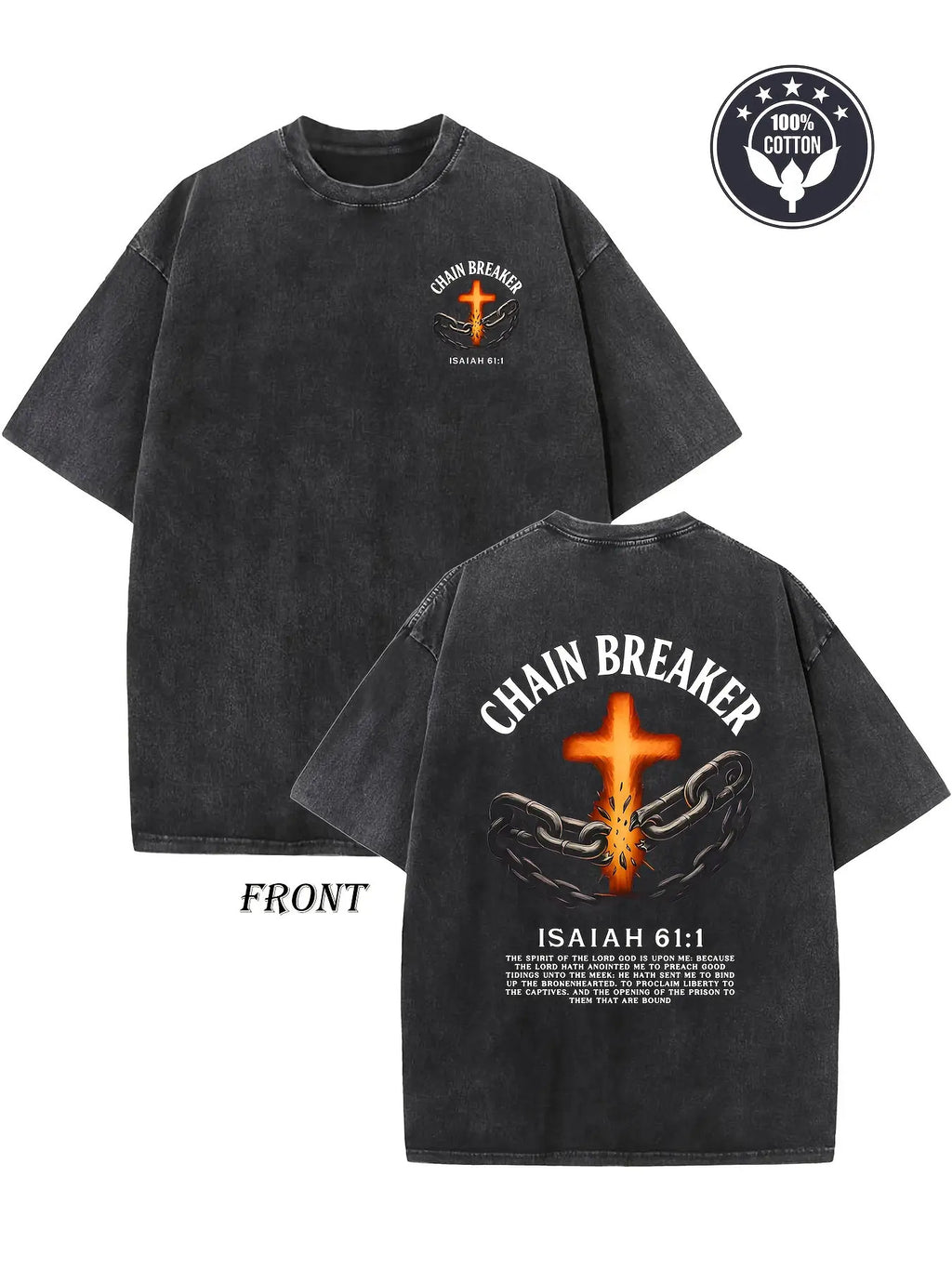 Heavyweight 250g vintage washed cotton T-shirt - featuring a chain breaker Christian faith pattern, printed with Isaiah 58:1 Bible verse double-sided print, drop shoulder loose fit, unisex streetwear, casual church attire and daily wear, hip-hop style, du