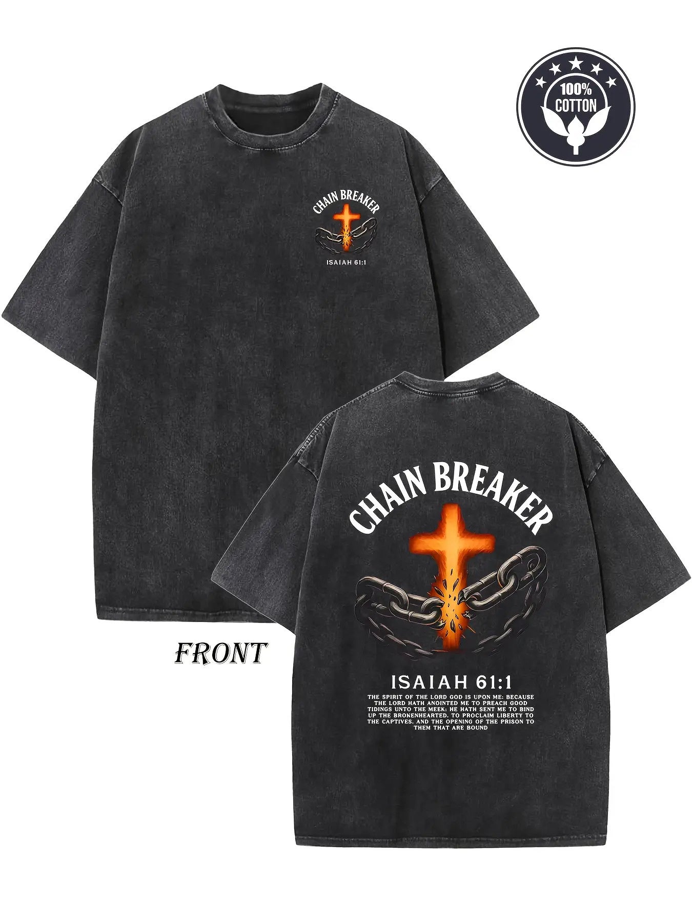 Heavyweight 250g vintage washed cotton T-shirt - featuring a chain breaker Christian faith pattern, printed with Isaiah 58:1 Bible verse double-sided print, drop shoulder loose fit, unisex streetwear, casual church attire and daily wear, hip-hop style, du