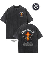 Heavyweight 250g vintage washed cotton T-shirt - featuring a chain breaker Christian faith pattern, printed with Isaiah 58:1 Bible verse double-sided print, drop shoulder loose fit, unisex streetwear, casual church attire and daily wear, hip-hop style, du