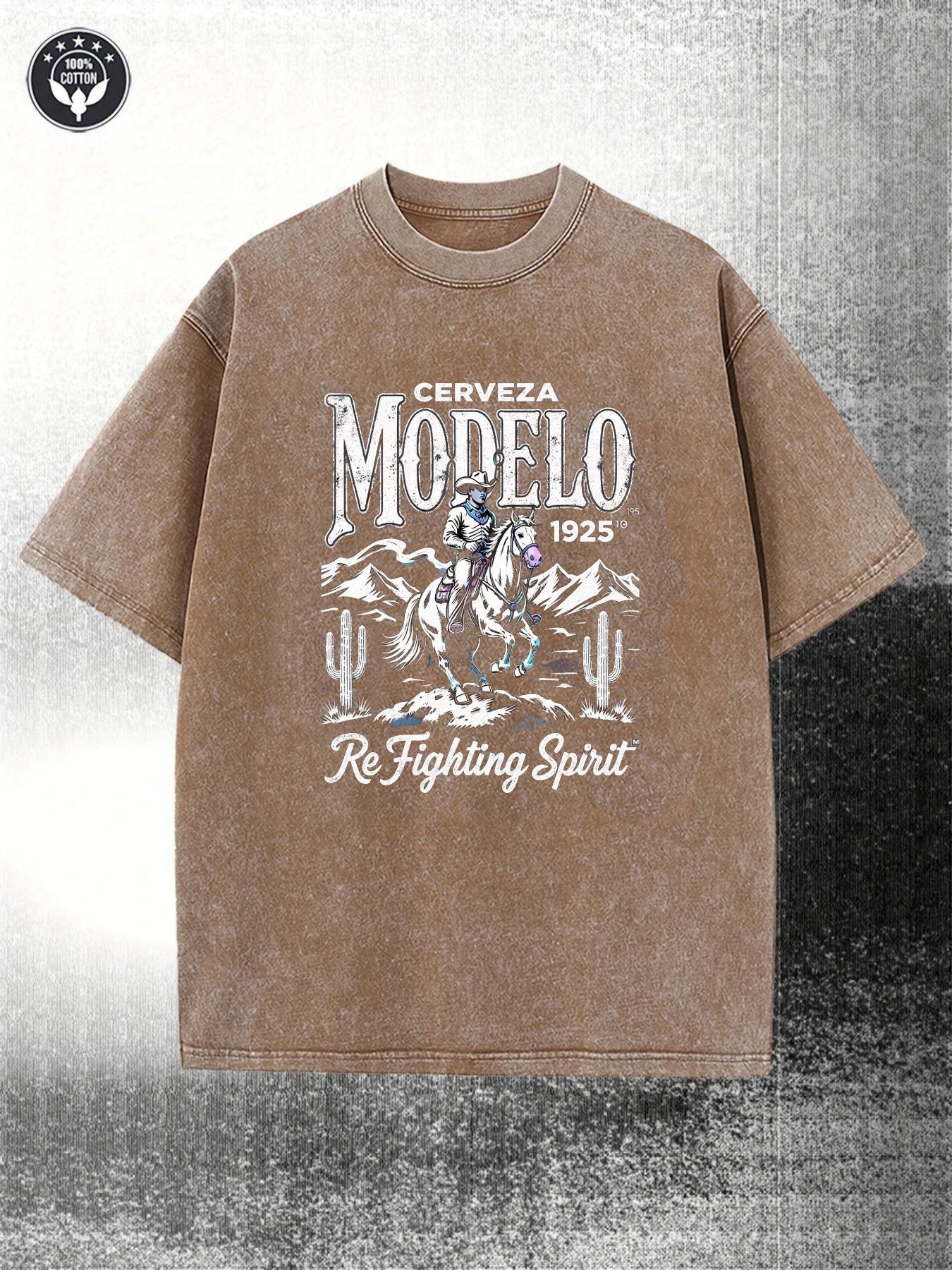Men'S Vintage Western Pattern 230G Heavy Washed Embroidered Black Faded Denim & Cactus Desert Print T-Shirt | Crew Neck, Casual Short Sleeve, Suitable for Outdoor and Daily Wear, All-Season Streetwear with Cerveza 1925 & Re Fighting Spirit Design