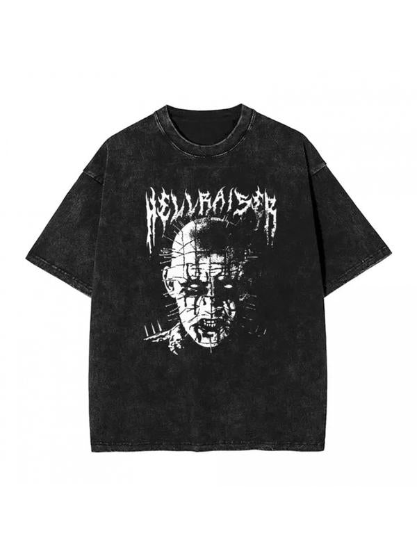 Hellraiser Washed T-Shirt Vintage Horror-Themed Streetwear Hip Hop Tee for Men Women Short Sleeve Oversized Fit Creepy Graphic Print All-Season Comfort Black - Distressed