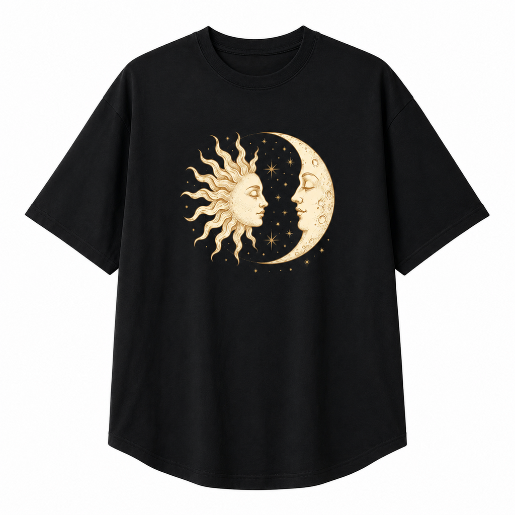 Oversized Black 100% Cotton T-Shirt with Vintage-Style Mystical Sun, Moon, and Star Print – Celestial/Astrology Theme
