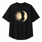 Oversized Black 100% Cotton T-Shirt with Vintage-Style Mystical Sun, Moon, and Star Print – Celestial/Astrology Theme