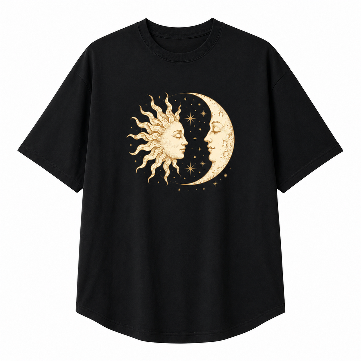 Oversized Black 100% Cotton T-Shirt with Vintage-Style Mystical Sun, Moon, and Star Print – Celestial/Astrology Theme