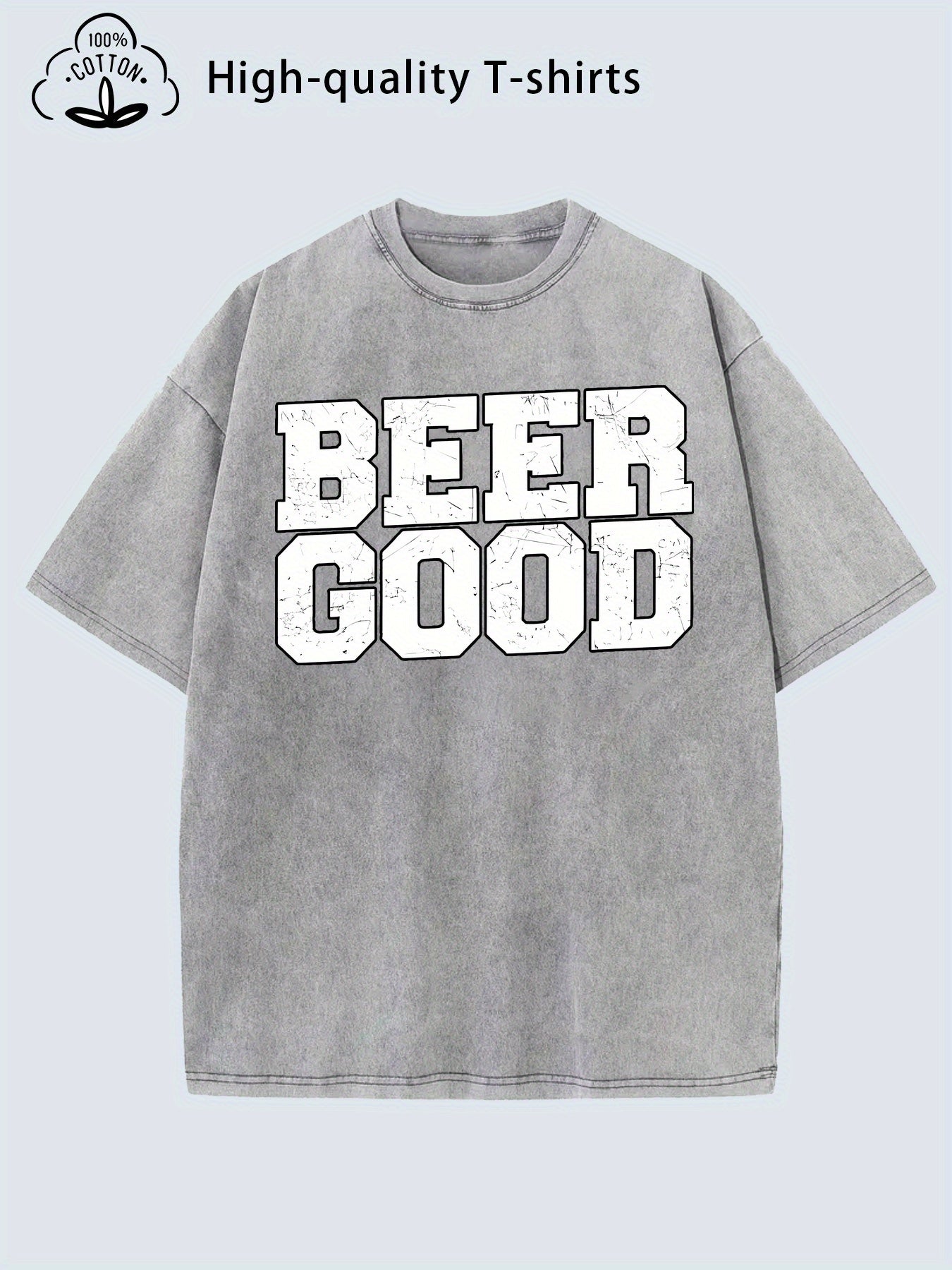 Men'S Vintage Distressed T-Shirt - Heavy Washed Retro Graphic Tee with "BEER" Print, Soft Breathable Fabric, Loose Fit Round Neck Shirt for Casual & Formal Outfits