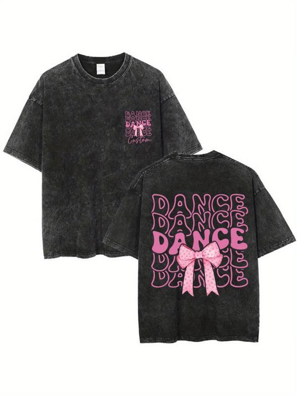 Couples Vintage Washed Print T Shirt Dance Text Pink Bow Round Neck Short Sleeve Loose Fit Cropped Hem Graphic Design