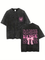 Couples Vintage Washed Print T Shirt Dance Text Pink Bow Round Neck Short Sleeve Loose Fit Cropped Hem Graphic Design