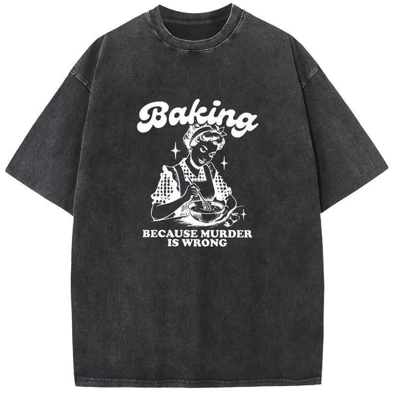 Holafish Acid Washed Shirt Baking Print Casual Graphic Tee Half Short Sleeves Crew Neck Summer Comfortable Cotton Top for Women - Fit