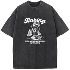 Holafish Acid Washed Shirt Baking Print Casual Graphic Tee Half Short Sleeves Crew Neck Summer Comfortable Cotton Top for Women - Fit