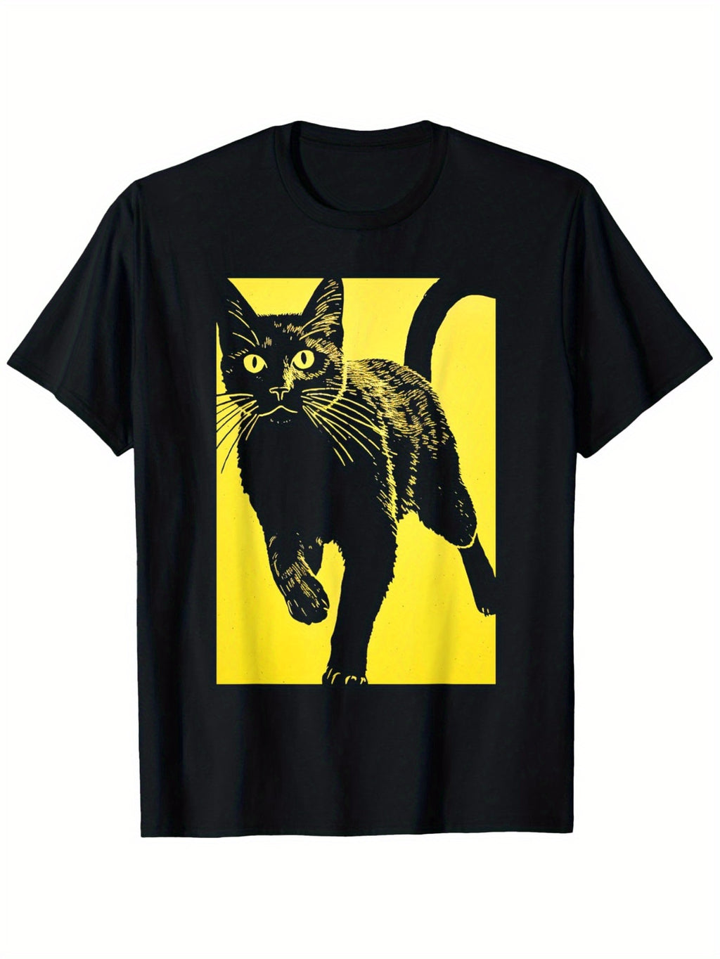 Unisex Black Cat & Yellow Print Cotton T-Shirt - Casual Round Neck, Short Sleeve, Slight Stretch, 100% Cotton, Lightweight & Breathable for Casual Attire, Outdoor Activities, and Relaxed Settings, Cat Shirt