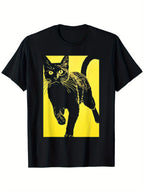 Unisex Black Cat & Yellow Print Cotton T-Shirt - Casual Round Neck, Short Sleeve, Slight Stretch, 100% Cotton, Lightweight & Breathable for Casual Attire, Outdoor Activities, and Relaxed Settings, Cat Shirt