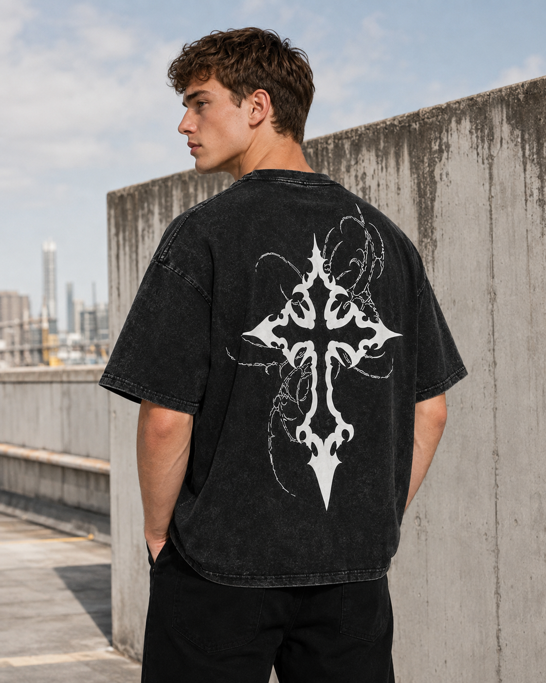 Vintage-Wash Distressed Short-Sleeve T-Shirt | Gothic Thorn Cross Double-Sided Print | Dark Subculture Style | Unisex Oversized Fit