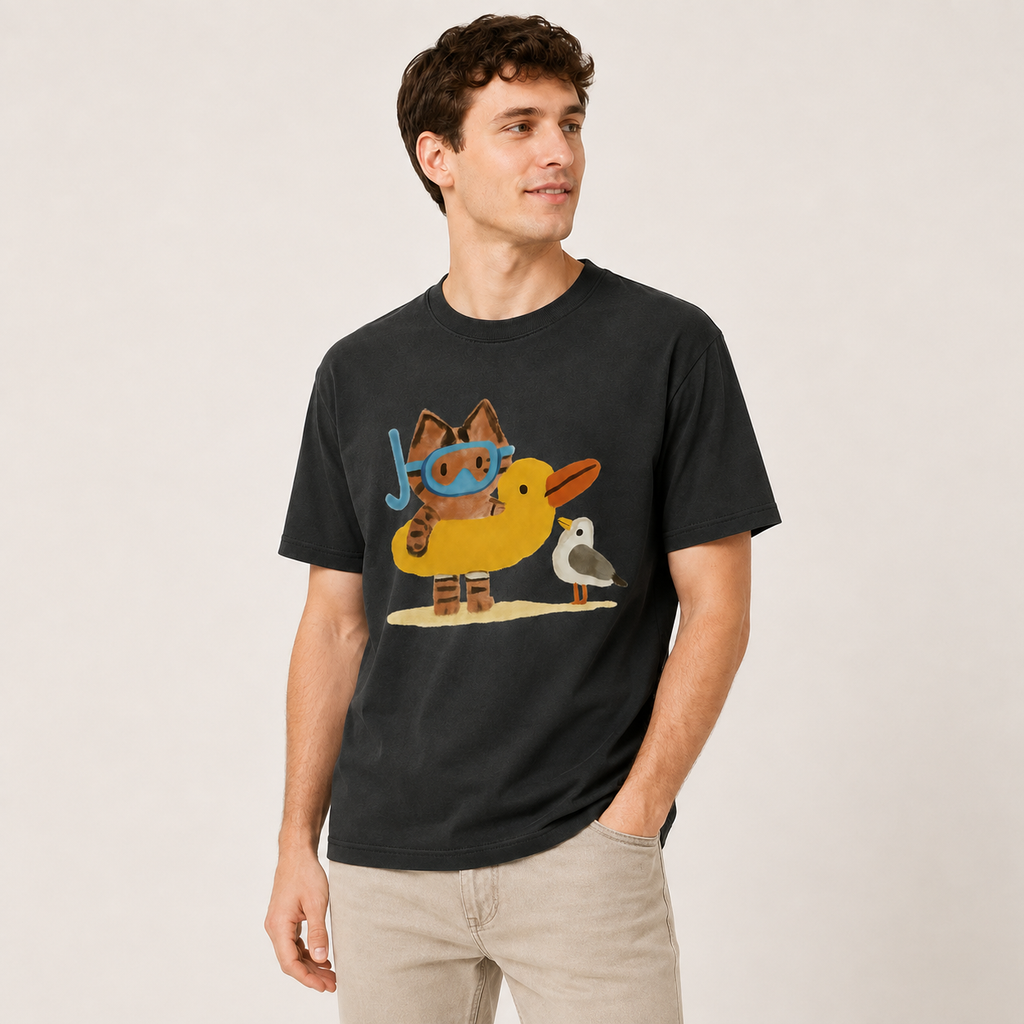 Summer Seaside-Themed Distressed Black Short-Sleeve T-Shirt – 100% Cotton, Oversized, Casual Tee Featuring a Cute Beach Kitten Cartoon