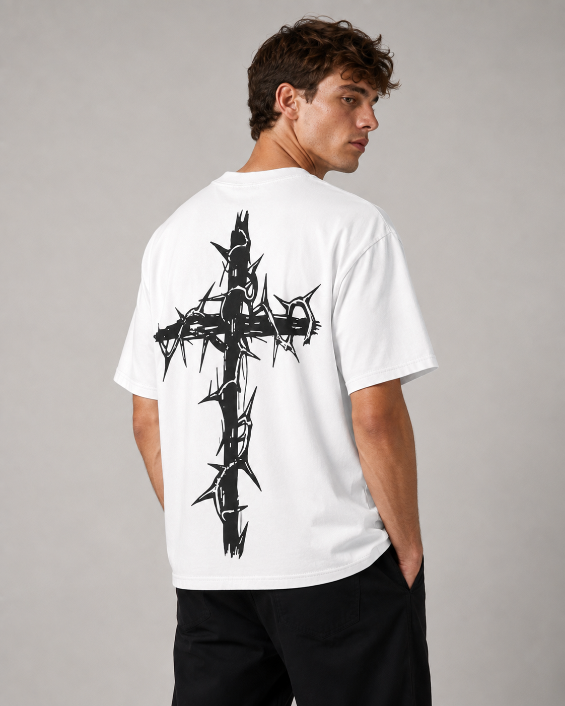 Vintage-Wash Short-Sleeve T-Shirt | Double-Sided Thorn Cross Print | Dark Religious Aesthetic | Oversized Unisex Fit
