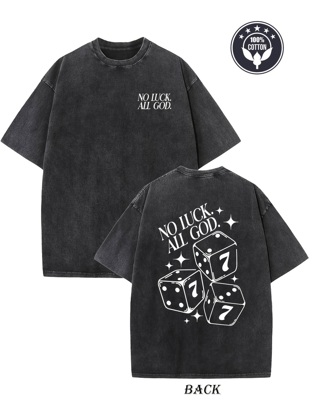 Men's Heavyweight 230g Pure Cotton Vintage Washed T-Shirt with Double-Sided "No Luck All Gods" & Dice Print - Loose Fit Drop Shoulder Streetwear Tee, Round Neck Casual Top for all-Season Wear (Machine Washable)
