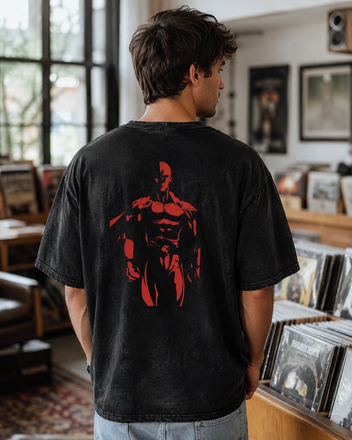 American-style acid-washed distressed One-Punch Man Saitama print short-sleeved T-shirt, heavyweight retro wash, oversized, loose fit, unisex.