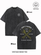 Men's Vintage Washed Cotton T-Shirt - "Dirty Hands Clean Money" Graphic Print, 230g Crew Neck Short Sleeve, Casual Street Style, Machine Washable Spring/Summer Comfort Top 90s  graphic  tees