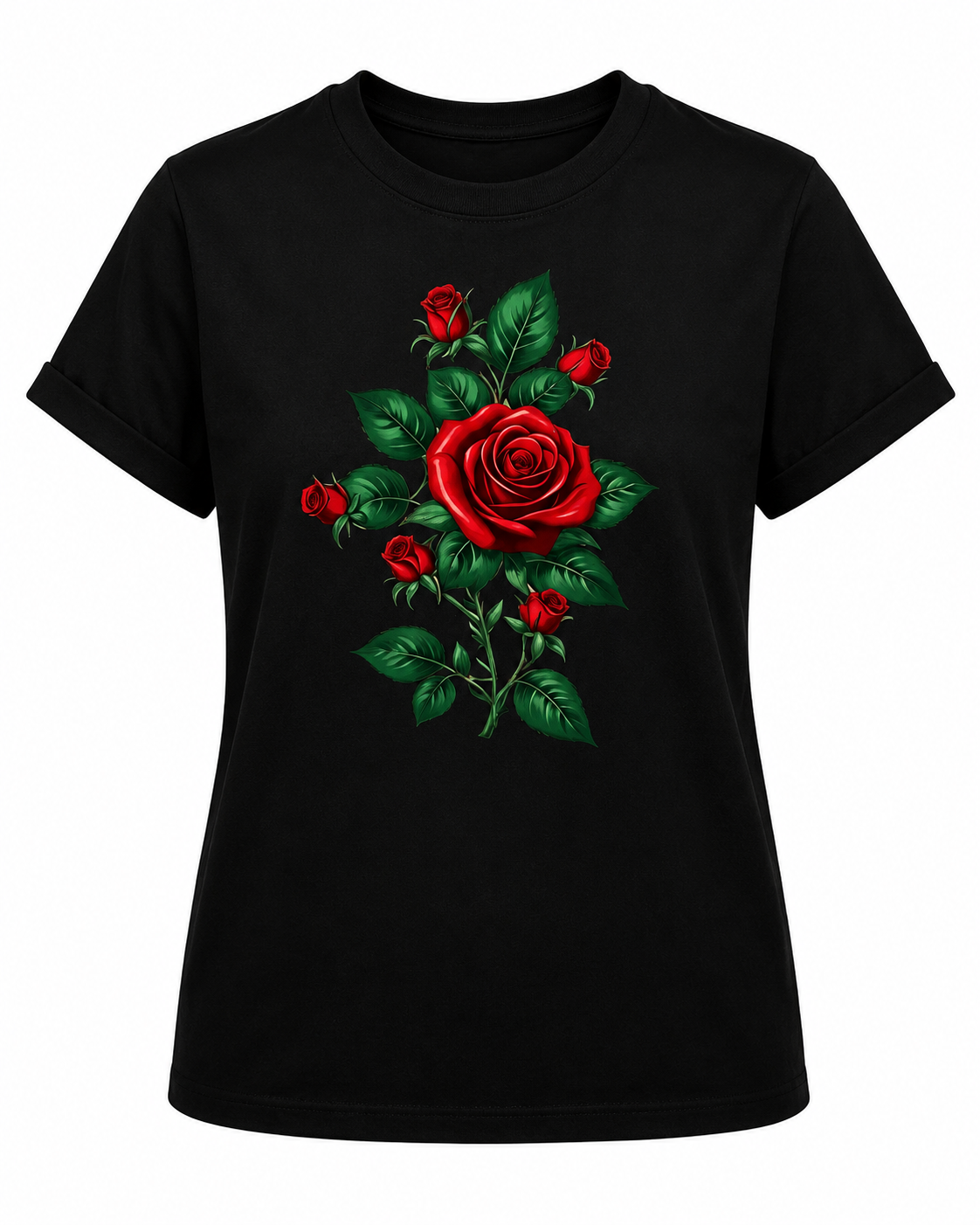 Women's Pure Cotton Short-Sleeve T-Shirt – Vintage Red Rose Floral Print, Crew Neck, Loose Casual Top