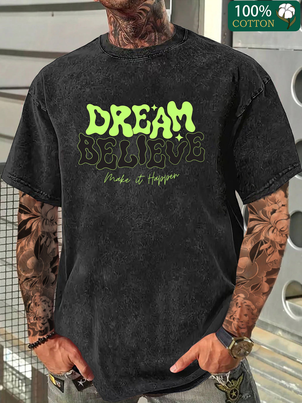 Men'S Fashion Casual T-Shirt | 230g Washed Vintage Wax-Dyed Thickened, Short Sleeve, Crew Neck, Geometric Pattern, All-Season Wear1:1