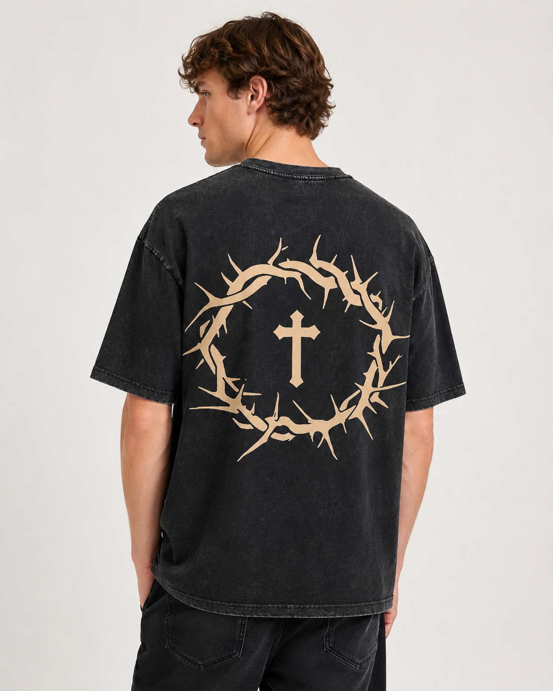 Vintage Stonewashed Faith Text Thorn Crown Cross Short-Sleeve Top, High Street Heavyweight Cotton Drop-Shoulder Religious Style Casual Short-Sleeve Top