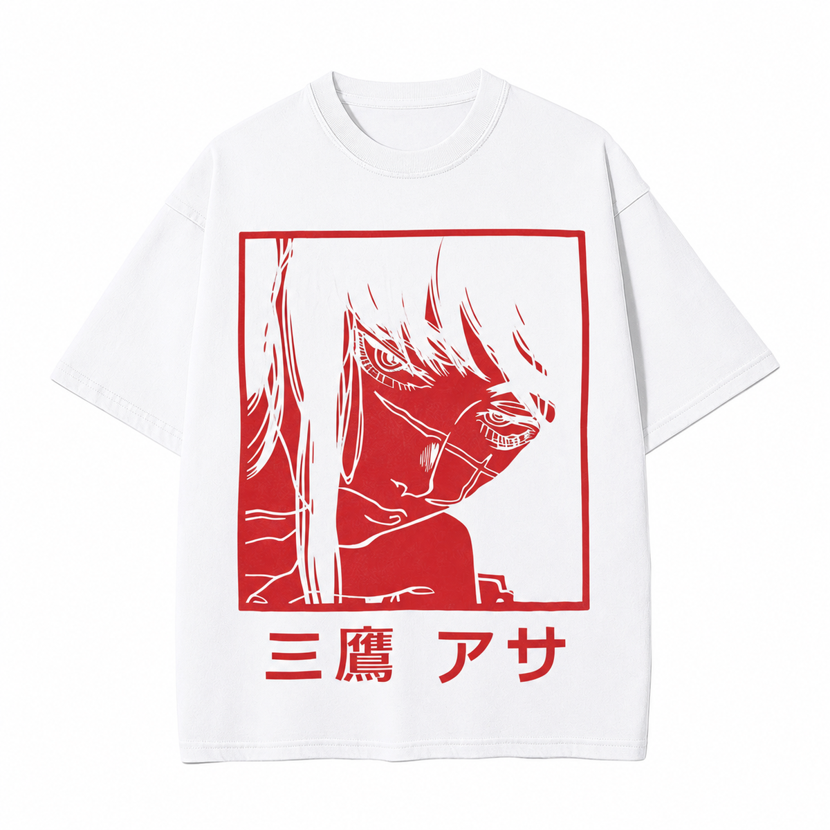 American-style acid-washed distressed short-sleeved T-shirt with red border and Japanese anime girl print. Heavyweight retro wash, oversized, loose fit, unisex.