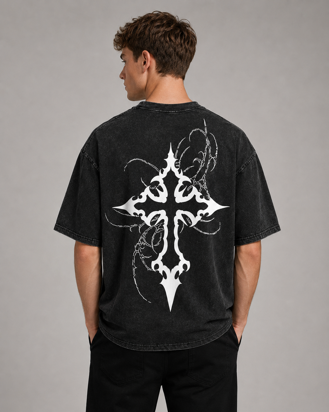 Vintage-Wash Distressed Short-Sleeve T-Shirt | Gothic Thorn Cross Double-Sided Print | Dark Subculture Style | Unisex Oversized Fit