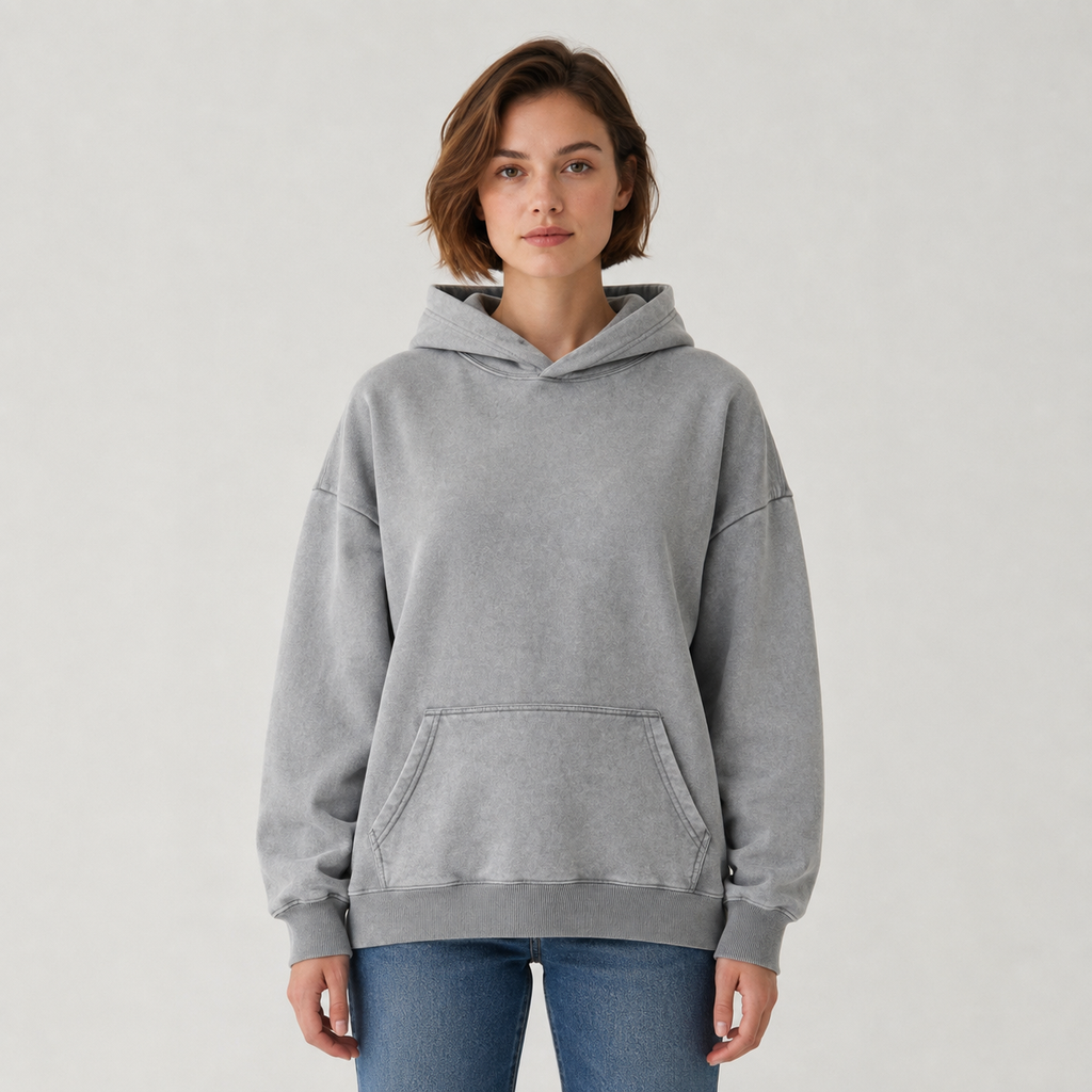 Vintage-wash distressed hooded sweatshirt—a versatile, relaxed-fit casual jacket with a laid-back, dropped-shoulder style.