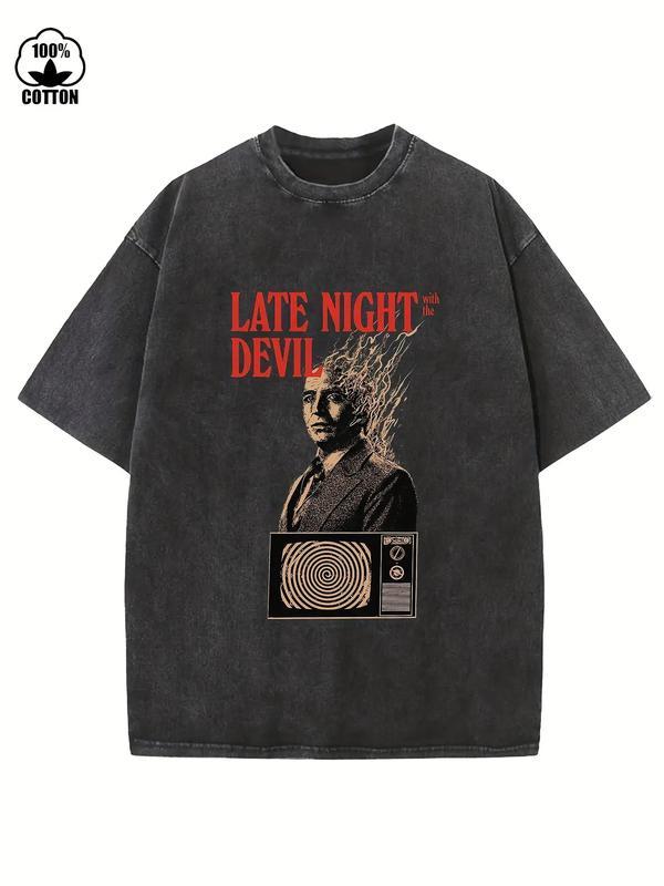 Men's Heavyweight 100% Cotton Vintage Washed T-Shirt - Oversized Loose Fit Retro 70s/80s Graphic Tee with Late Night Devil & Inspired Design, Casual Streetwear for Parties, Music Events & Casual Attire - Machine Washable Round Neck Short Sleeve,