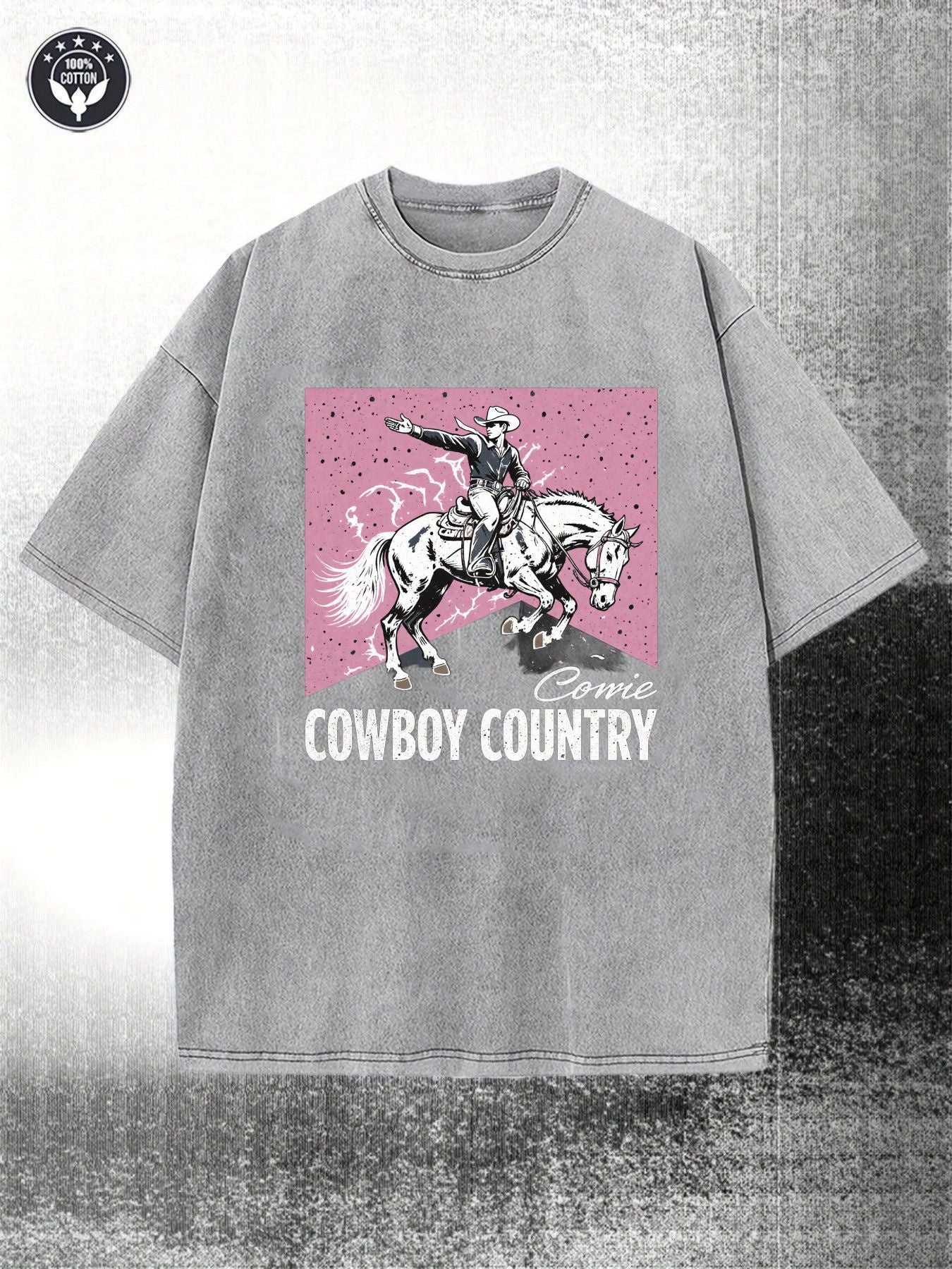 Men's Retro Washed Black 230gsm Heavy Western Cowboy Pattern Print, Pink Horse Knight and Cowboy Country Letter, Street Style Short Sleeve Crew Neck Casual, Suitable for Country Music Festival and Casual Wear