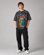 Hand-painted, colorful clown print, distressed wash, American heavyweight pure cotton, oversized, fun, retro, dopamine-inducing unisex T-shirt.