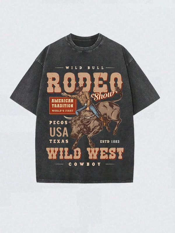 Double-sided printRODEO， Cowboy Racing Competition, Cowboy Happy Time, Classic Retro Fashion Casual Cowboy Riding Competition Popular Letter Pattern Printed 230g Washed Cotton T-shirt, Men's Summer High Quality