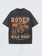 Double-sided printRODEO， Cowboy Racing Competition, Cowboy Happy Time, Classic Retro Fashion Casual Cowboy Riding Competition Popular Letter Pattern Printed 230g Washed Cotton T-shirt, Men's Summer High Quality