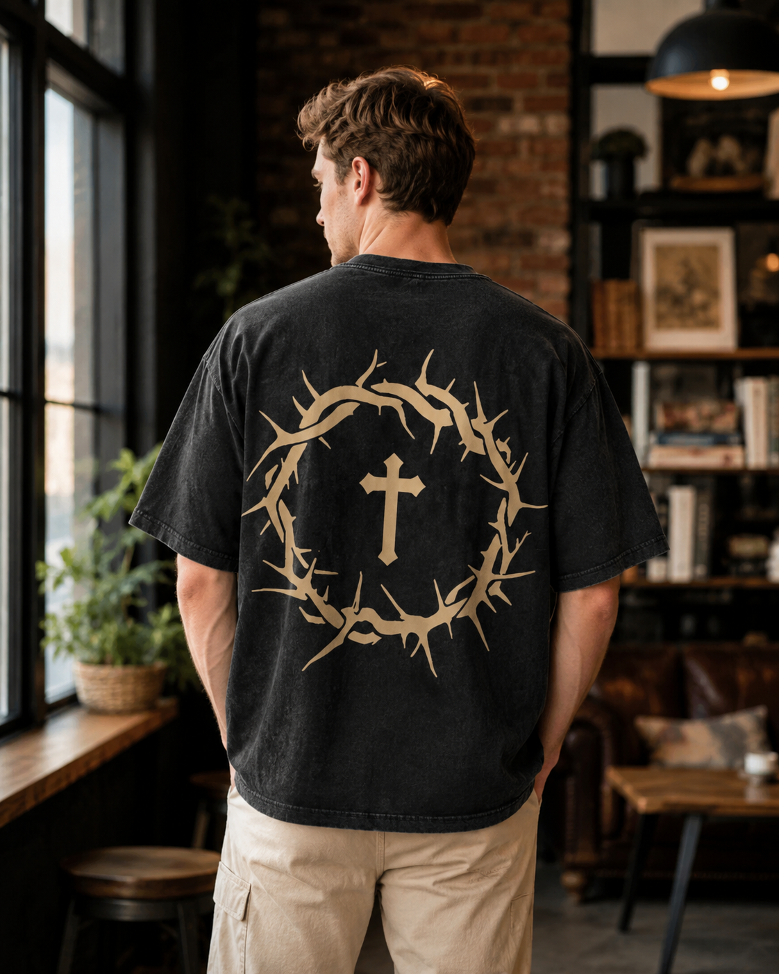 Vintage Stonewashed Faith Text Thorn Crown Cross Short-Sleeve Top, High Street Heavyweight Cotton Drop-Shoulder Religious Style Casual Short-Sleeve Top