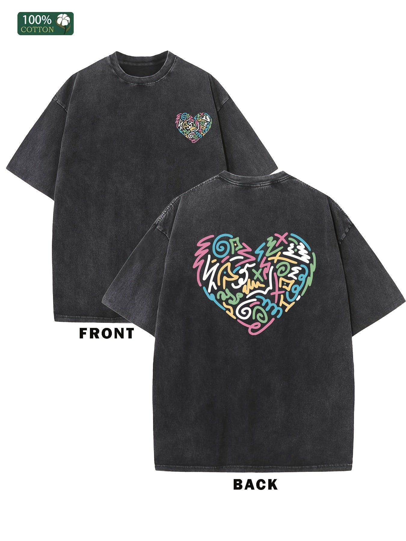 Men'S Oversized Heavyweight T-Shirt - Acid-Wash Vintage Streetwear Tee with Color Block Heart Graphic & Geometric Print, Drop Shoulder Loose Fit Hip Hop Unisex Round Neck Casual Shirt for Men & Women