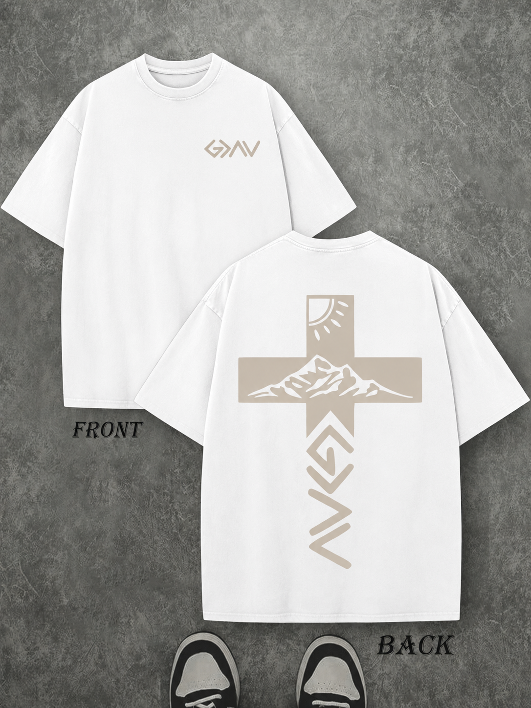 Vintage-Wash Oversized Short-Sleeve T-Shirt | Double-Sided Print Featuring Cross, Mountain, and Sun-Worship Motifs (Unisex)